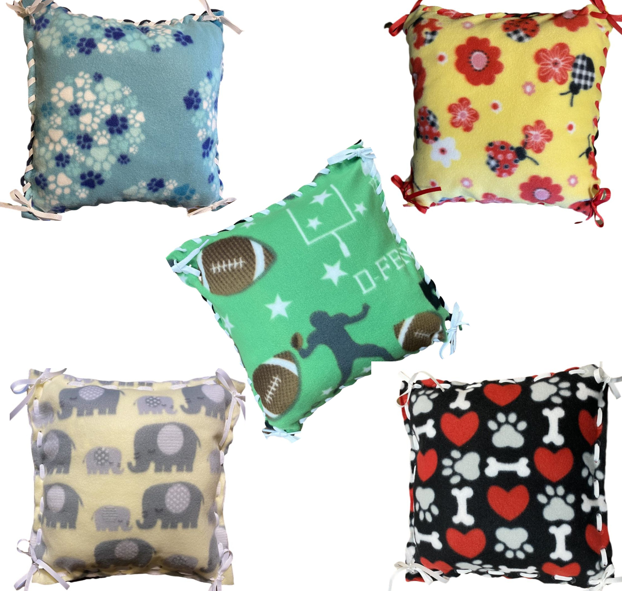 5 pack fleece pillow kits - one teal and blue paw print, one yellow, red and black lady bug, one light yellow and gray elephant, one black, white, red and gray paw print and one light green white brown and gray football pattern