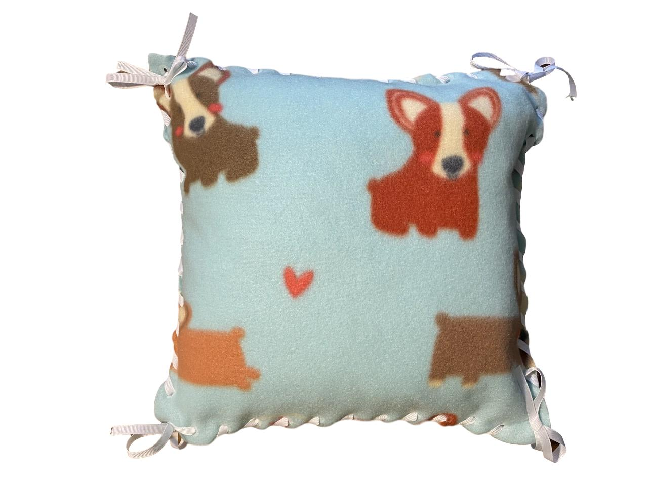Fleece Pillow Kit light teal with Brown, Rust, and Tan Corgi dog pattern