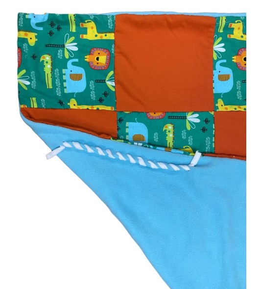 Mitsy Kit Flannel 47 inch patchwork baby blanket backing for Orange and Teal, yellow, green, orange and white animal squares and teal fleece backing