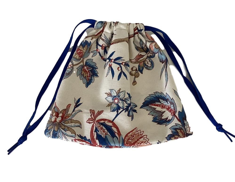 10" Home Decor drawstring gift bag with blue white red tan floral