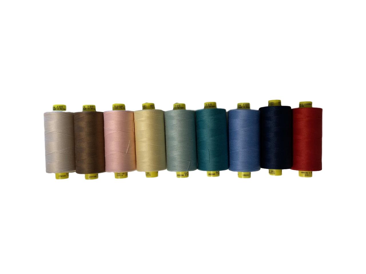 Gütermann Mara 100 All Purpose Thread Variety Pack 9 Spools - Tex 30 - 1,093 yds. each spool - 1 each of tan, brown, pink, pale yellow, light blue, teal, royal blue, black and red