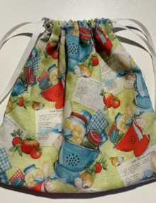 10 inch cotton drawstring gift bag - kitchen collanders with canning jars and towels, in light green with blue and red collanders and veggies