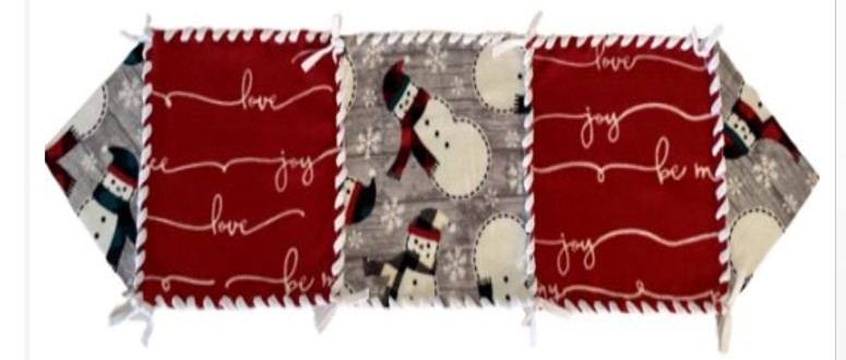 Snowman Table Runner with center square and two outer triangles patterns with Gray background, White Snowflakes, Snowmen with red and black checkered hat and scarf with green trim, and two squares in red and white with written words of Joy, love, and be merry