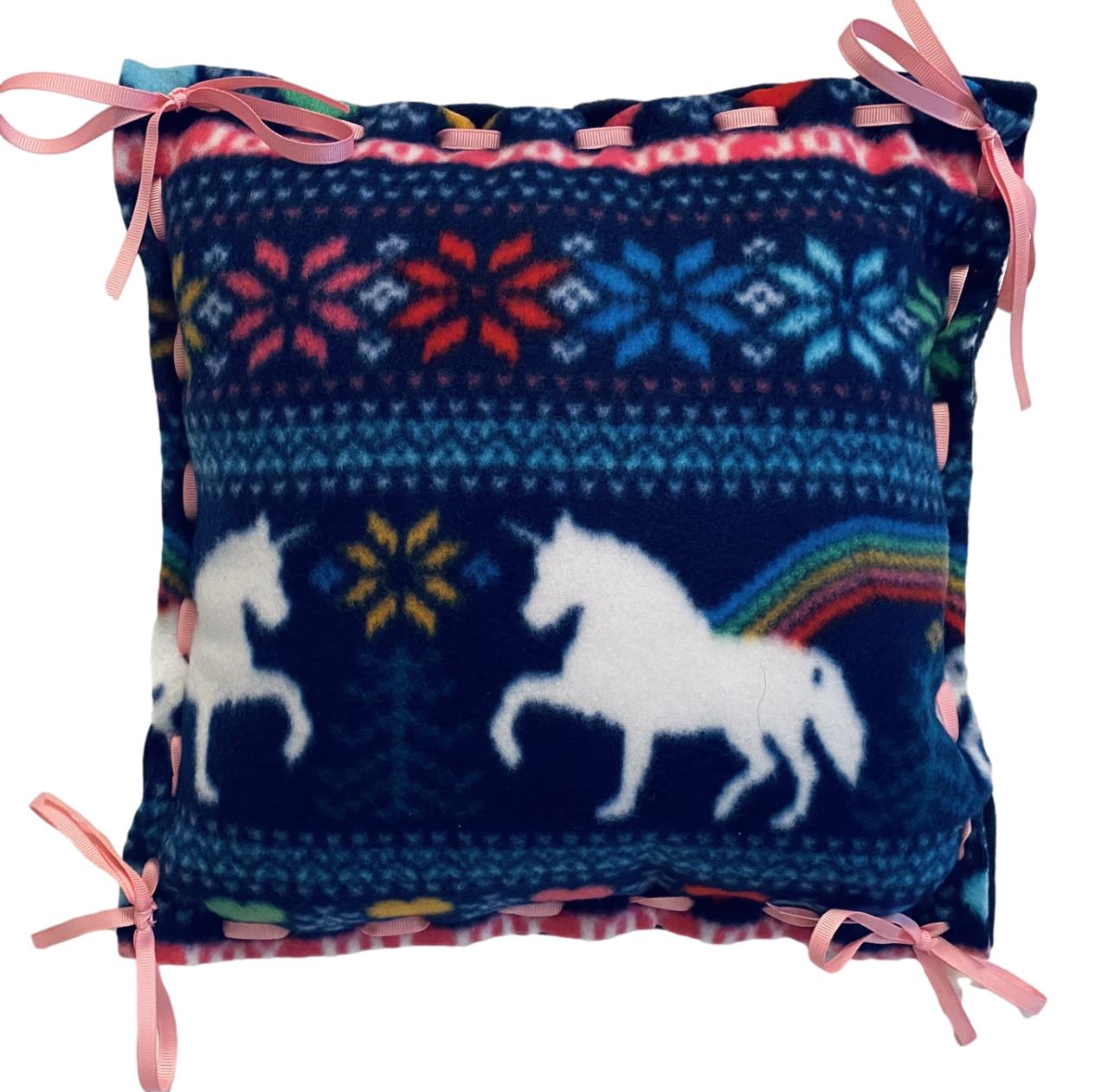 Fleece Pillow with Unicorns and Rainbow Pattern in Navy, White, Pink, Green laced with pink ribbon