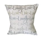 16 inch home decor pillow kit off white with Live - Laugh - Love text written across pillow case facing in tan, brown, teal and light gray