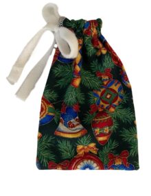4.5 x 7 inch cotton small drawstring gift bag with evergreen branches and Christmas ornaments in gold, blue, and red