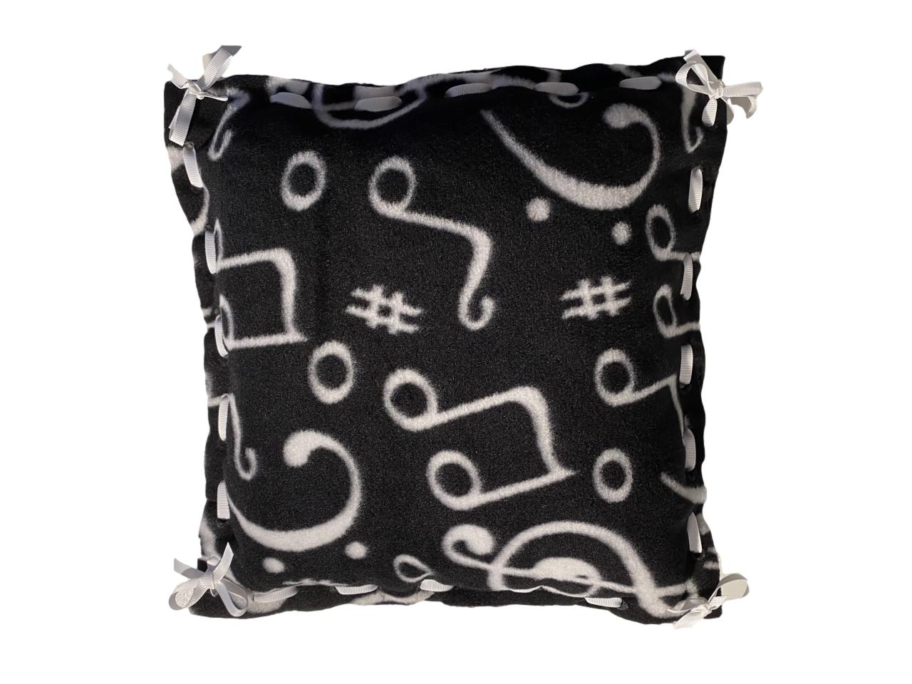 13 inch fleece no sew pillow - black with white music notes and white ribbon
