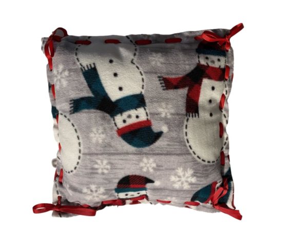 Fleece no sew 13 inch pillow kit with gray squares with white snowmen with red, green, and black hats and scarves