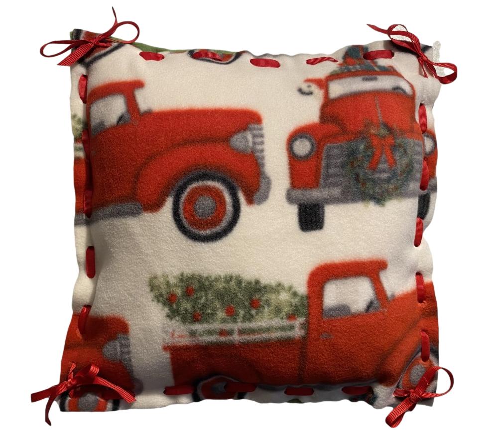 Off13 inch fleece pillow - Off White Case with Red Truck toting Tree in bed and Lab Dog with Red Hat in Cab Pattern, and white ribbon