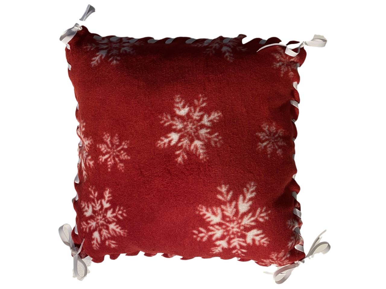 13 inch fleece pillow - red with white snowflakes and white ribbon