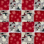 Fleece 48 inch Patchwork snowman blanket with alternating red squares with white snowflakes and gray squares with white snowmen with red, green, and black hats and scarves