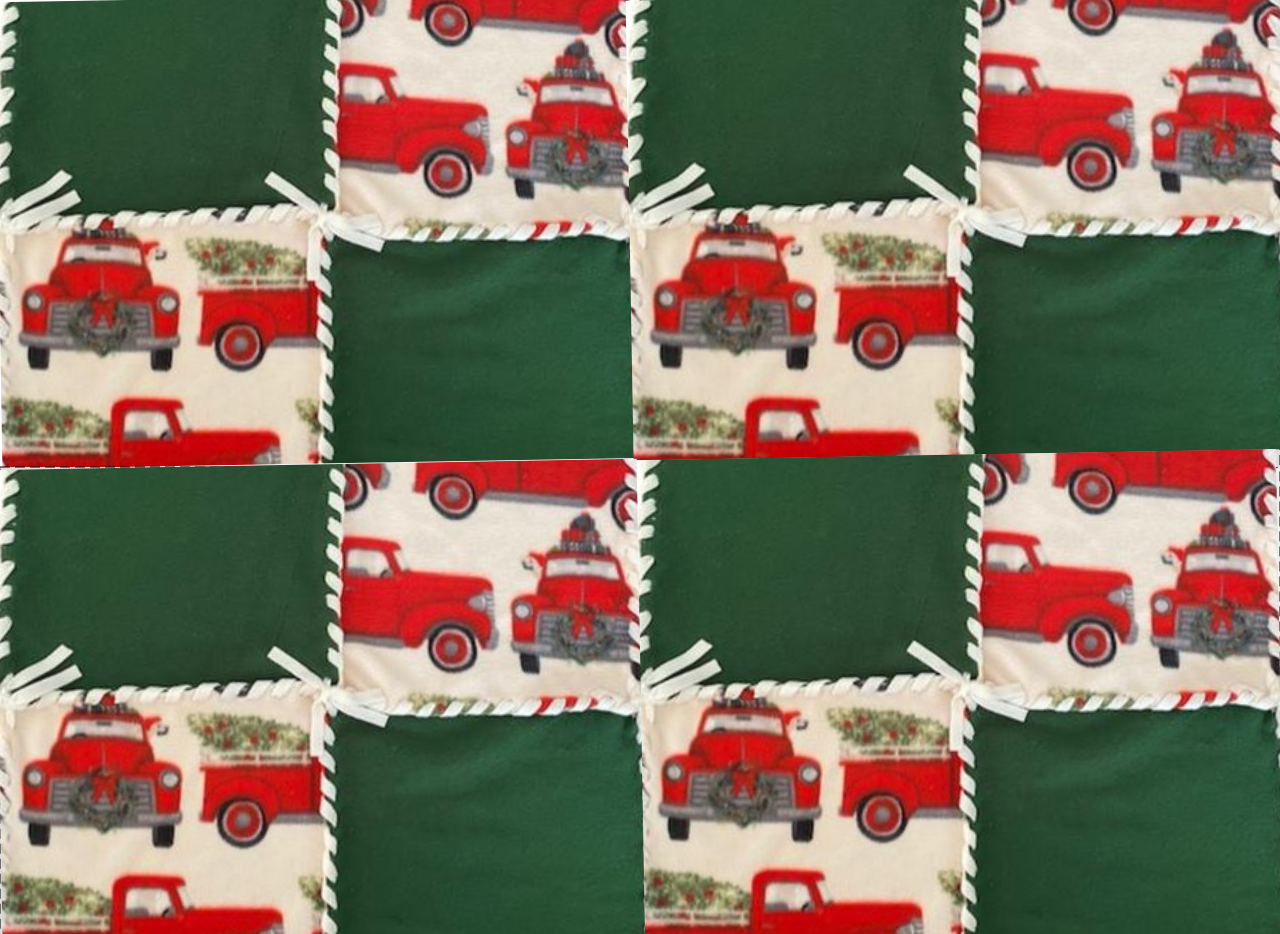 Fleece No Sew 48 inch Patchwork Blanket, Christmas Truck and Tree Pattern includes 8 white squares with Red Pickup toting evergreen tree in back and Lab dog with Red hat in cab, alternated with 8 solid green squares