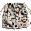 12 inch fleece no sew drawstring bag - white with sketched black and white kittens with red bows, and white ribbon drawstring and red bead accents