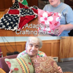 Three ladies holding their completed Mitsy Kit projects (Fleece blanket, fleece pillow, cotton pillows) and smiling