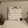 Live Laugh Love Wall Hanging Kit with Home Decor fabric with Live Laugh Love writing in Teal blue, tan and sage and vintage style frame in off white with blue floral - desktop version