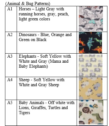 Animal and Bug 1-5 fleece pattern numbers, descriptions, and pictures
