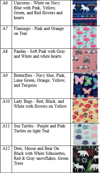 Animal and Bug 6-10 fleece pattern numbers, descriptions, and pictures
