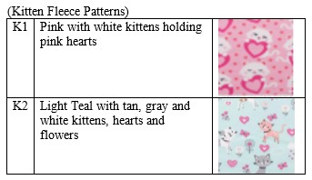 Kitten fleece pattern numbers, descriptions, and pictures