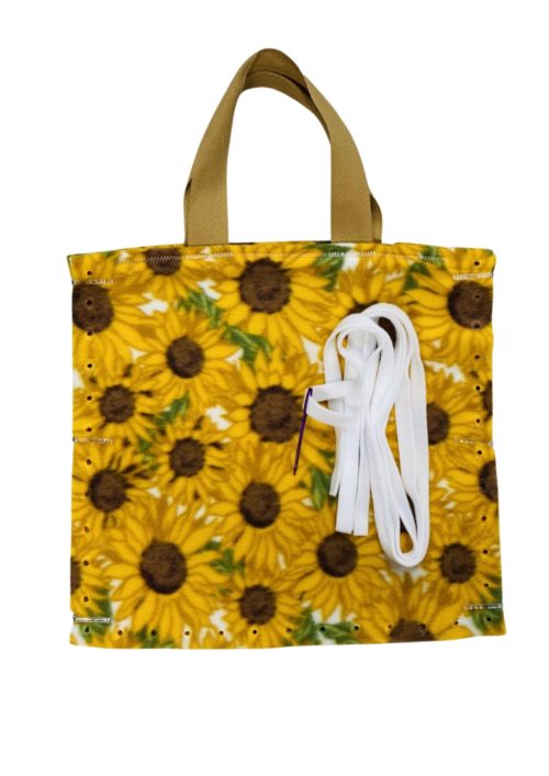 Yellow brown and green large sunflower print tote bag with tan handles