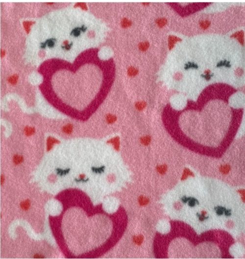 Pink fleece fabric with White Cats holding pink hearts and small scattered red heart pattern