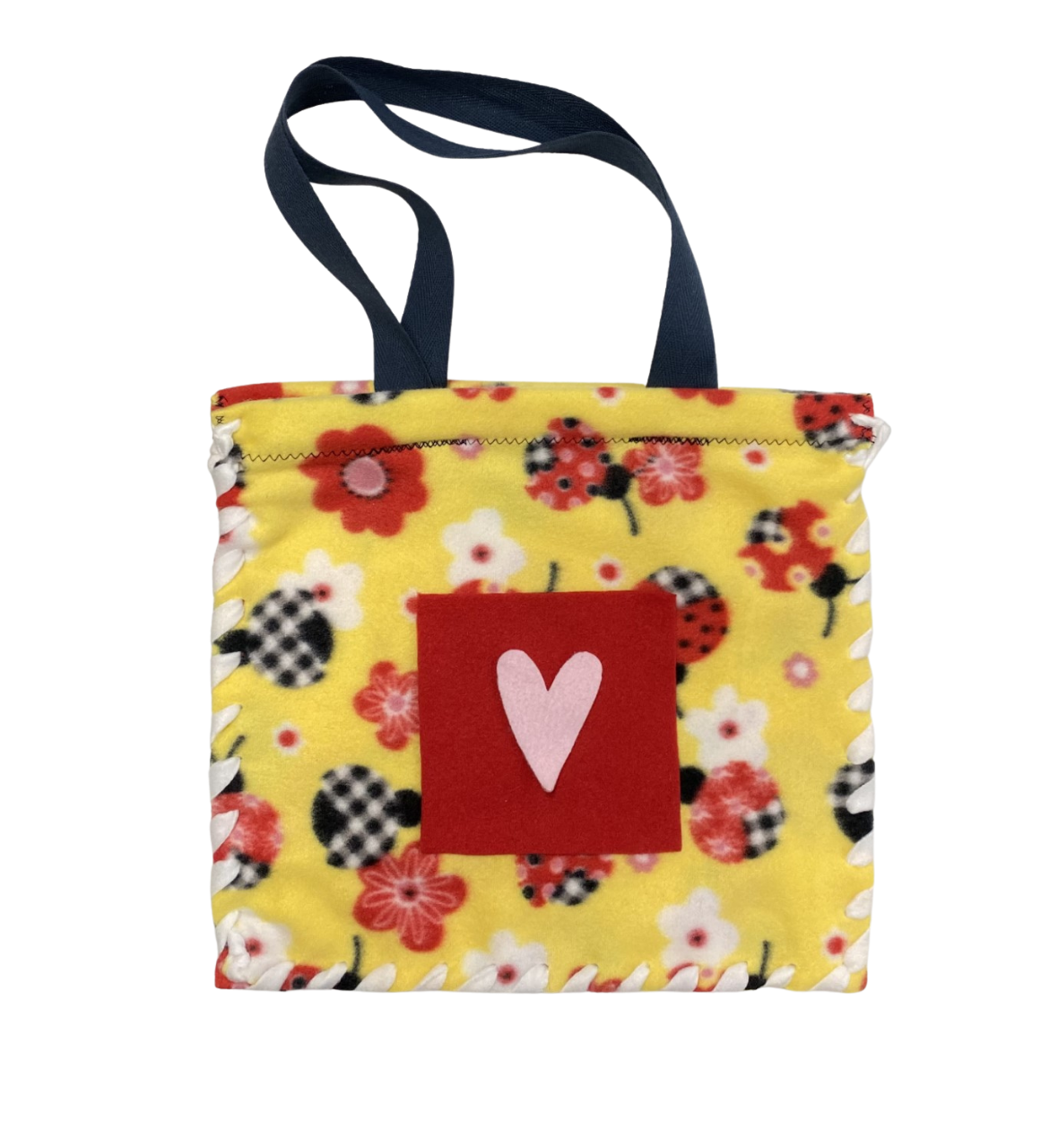 Fleece tote bag Valentine Edition made with Yellow, Red, Black and White Lady Bug Fleece Pattern, front has 5 inch pocket in center with pink heart