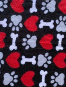 Black Fleece with Gray paw prints, white dog bones, and red heart pattern