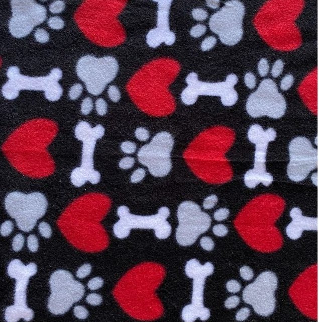 Black Fleece with Gray paw prints, white dog bones, and red heart pattern