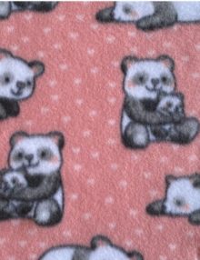 Pink Fleece Panda Bear Fabric with Gray and White Pandas and small white heart pattern
