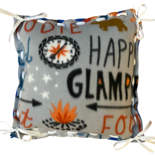 Grey fleece pillow with Happy Glamping - camp site