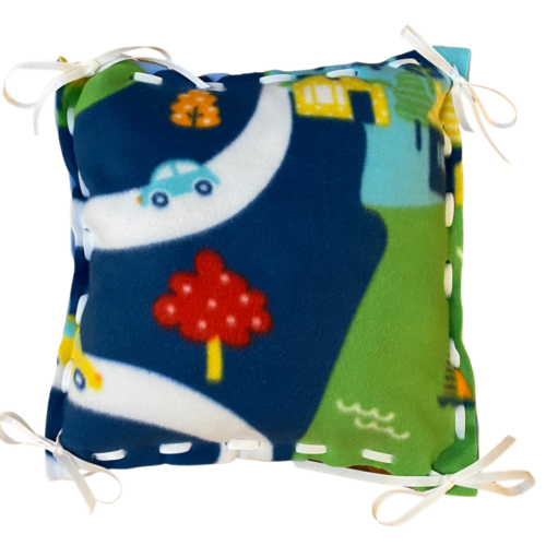 Bright Blue, Green, White Fleece Pillow with Little town Road, Trees, Houses, and cars