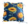 Navy Fleece Pillow with bright yellow and orange sunflowers and green leaves