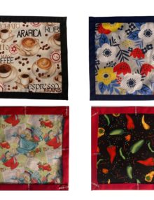Four fabric patterns for hot pad sewing project, Coffee theme, Floral pattern, Kitchen Collander pattern, or Hot Chili pepper pattern