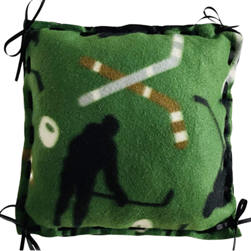 Green and Black Fleece Hockey pillow with Hockey Players and hockey sticks