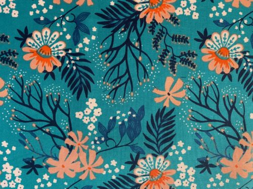 Floral on medium teal with peach, navy, orange and white
