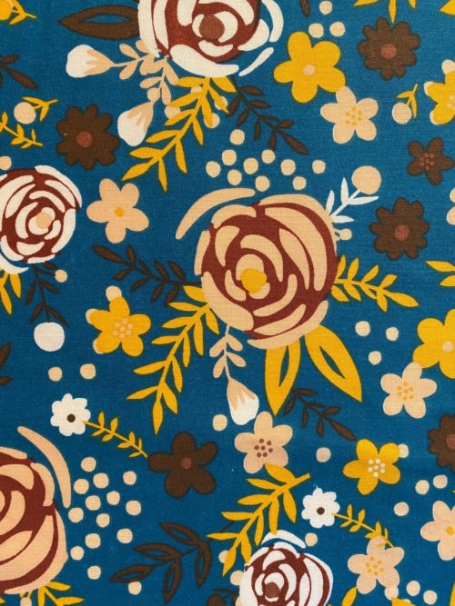 Dark teal and yellow, rust floral print cotton fabric
