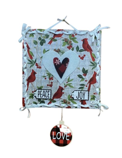 10" Cotton and Felt Cardinal Christmas Wall Hanging laced with white ribbon and embellished with heart in heart appliques, Wooden tag Christmas sentiments, and wooden Christmas Ornament sentiment