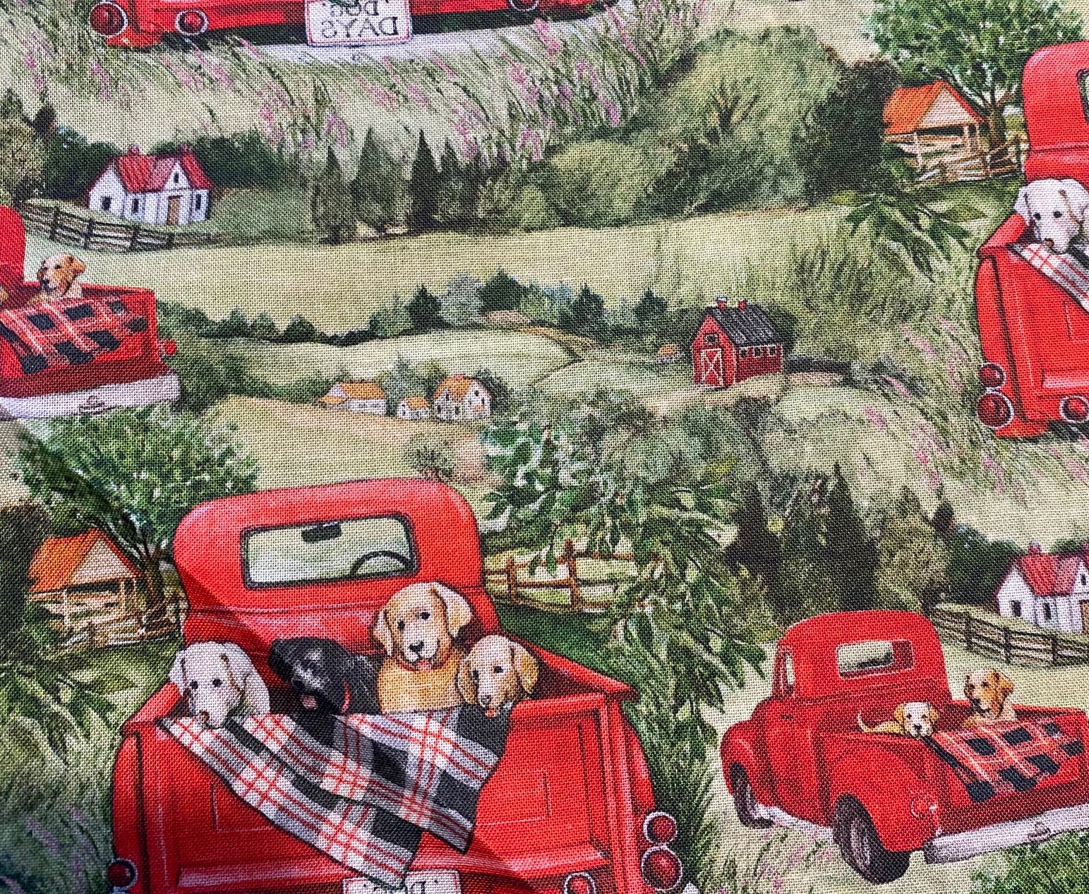 Green countryside with red pickups and blonde and black lab dogs with picnic basket in truck bed with license that says dog days