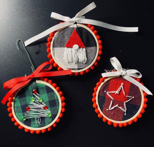 3 inch ornament hoops with embroidered Santa Gnome, Christmas Tree, and Star