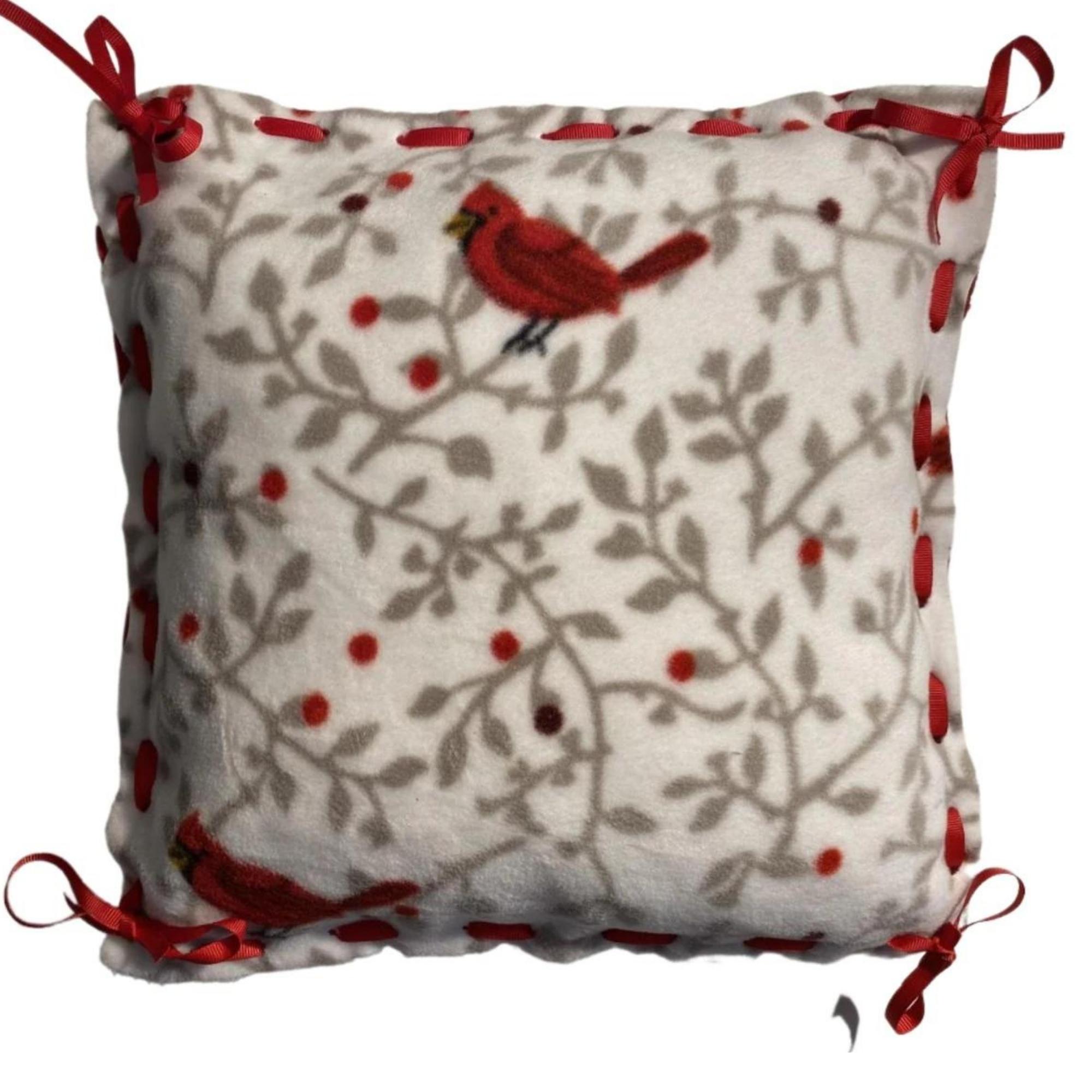 Cardinals on branches with red holly berries fleece pillow kit