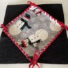 No-sew Mitsy Kit - Fleece 18-inch Christmas Table18-inch square Christmas fleece table topper - festive diamond design with a Snowman Pattern, red fleece border strips and black half square triangles.