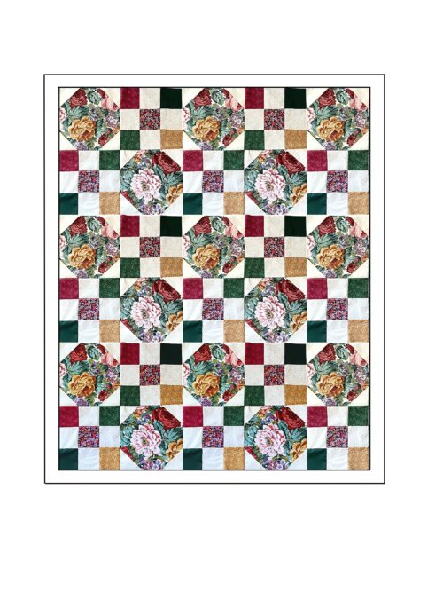 Snowball Nine Patch Twin Quilt with five by six rows of 14 inch blocks in floral prints and off white, reds, greens, gold / tans, purple and pink